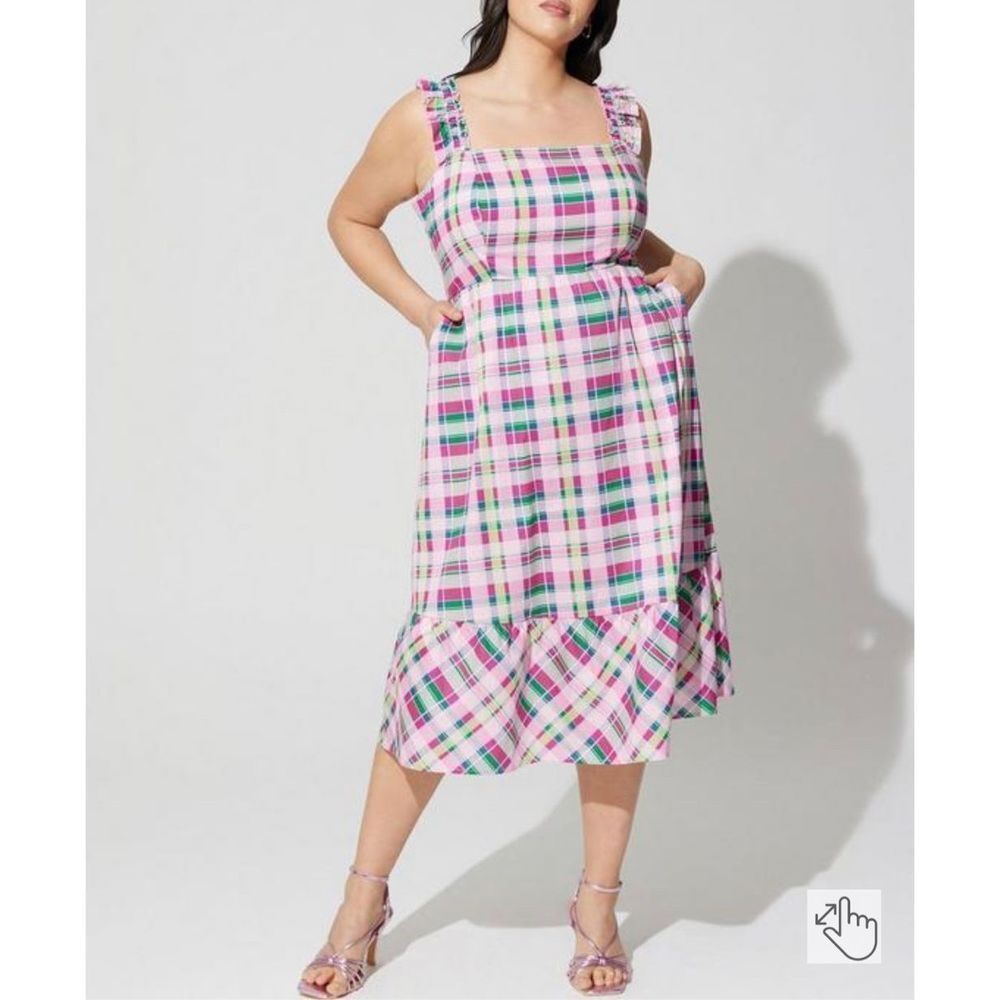 Torrid pink plaid poplin ruffle strap midi sundress size 1